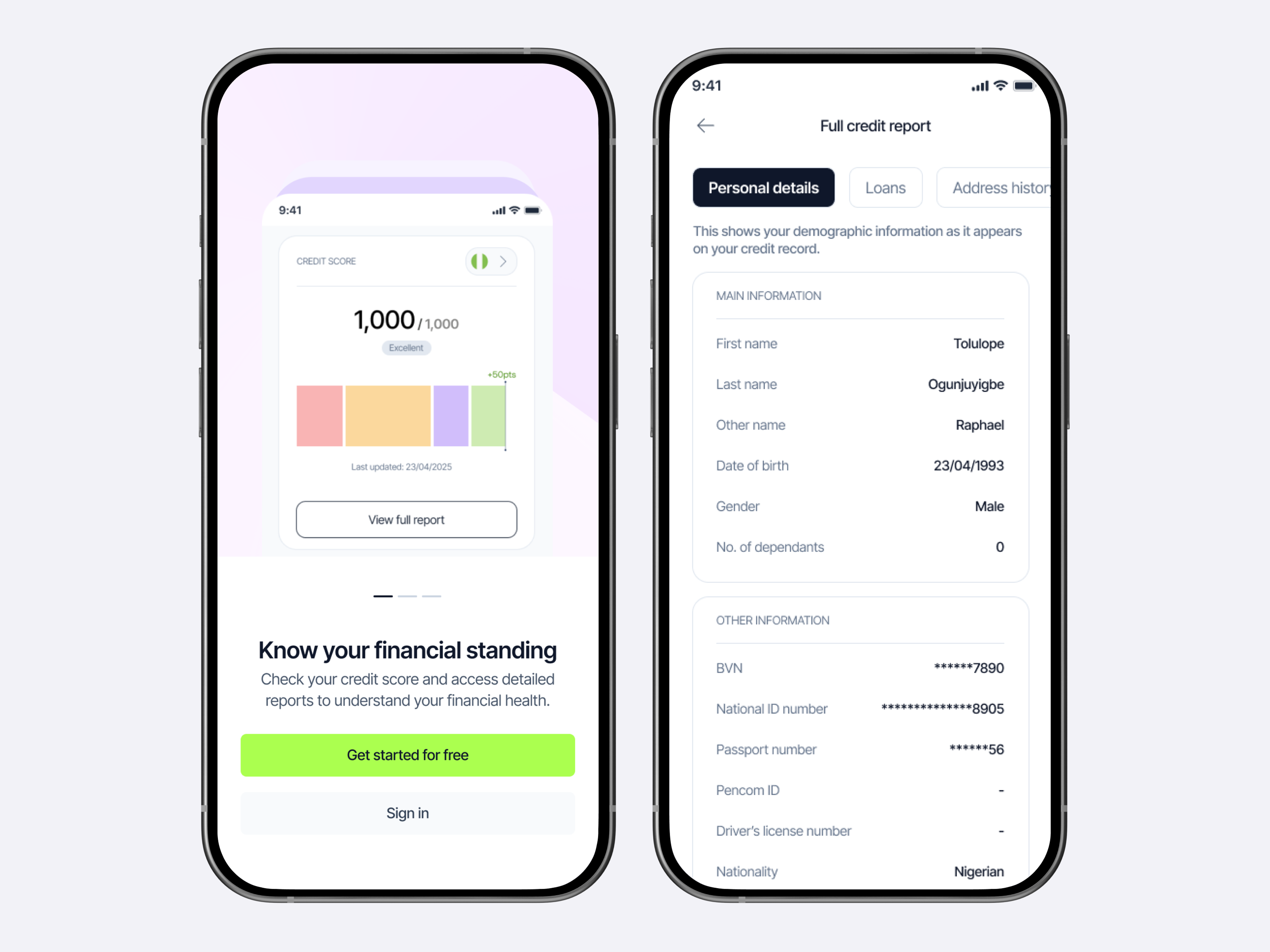 Ndewo by BetaScore onboarding and credit report screens
