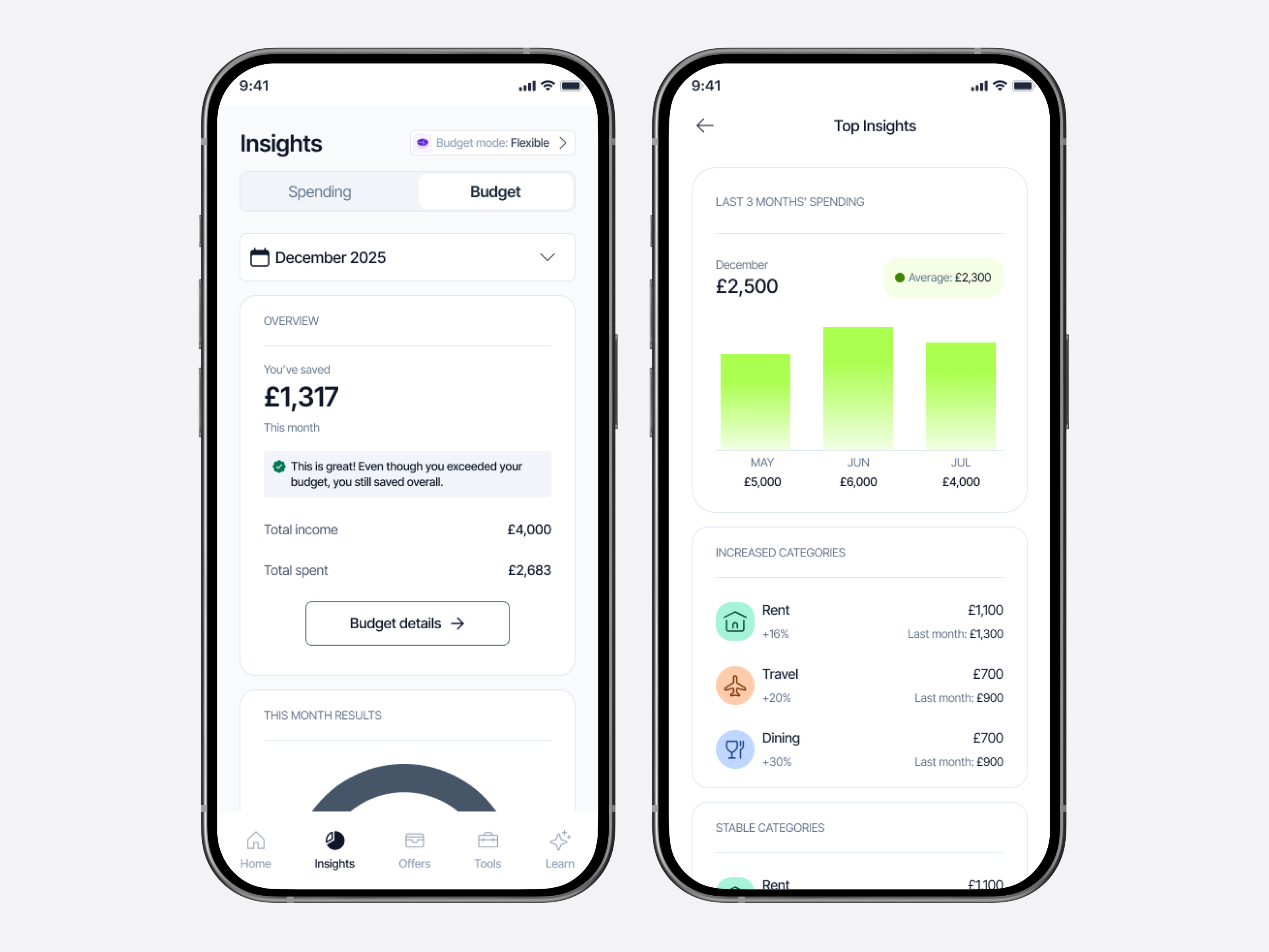 Income breakdown and monthly category summary