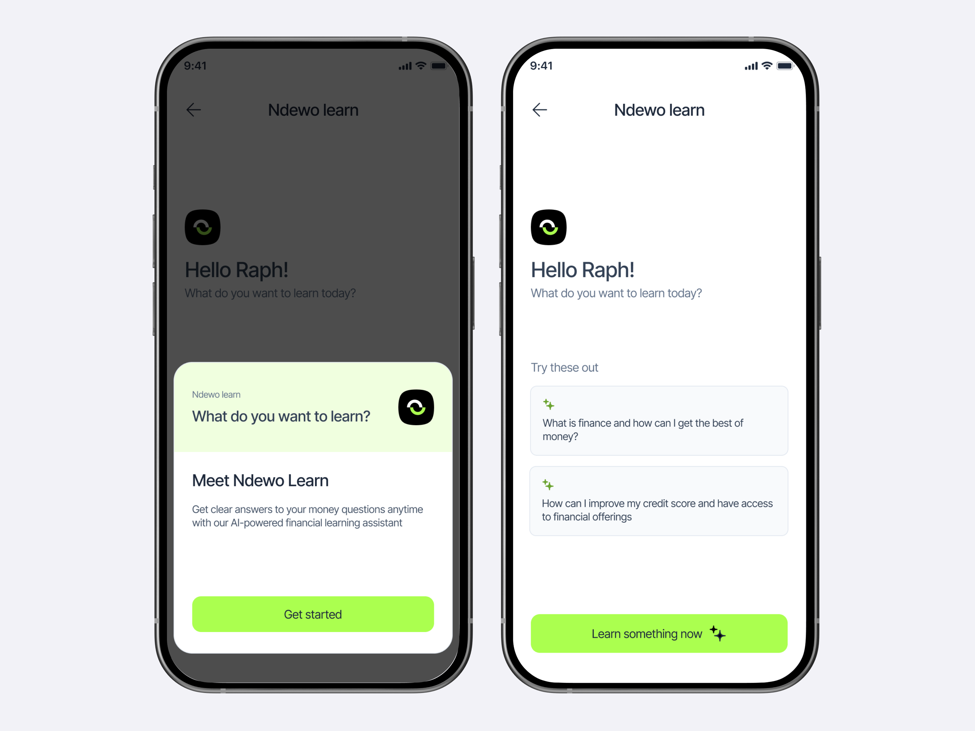 Hello Raph chat onboarding and Ndewo learn intro