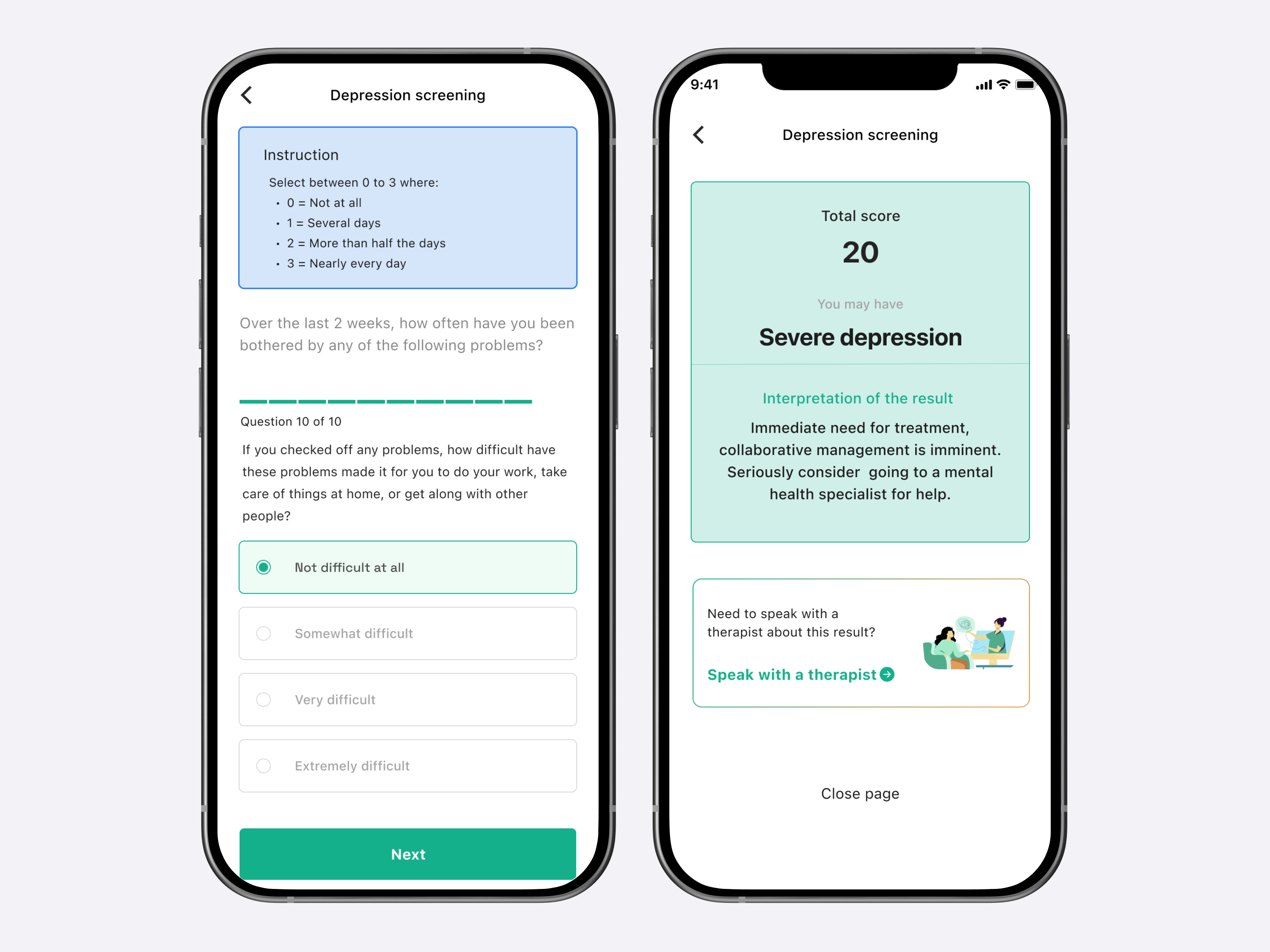 Depression screening and severity result