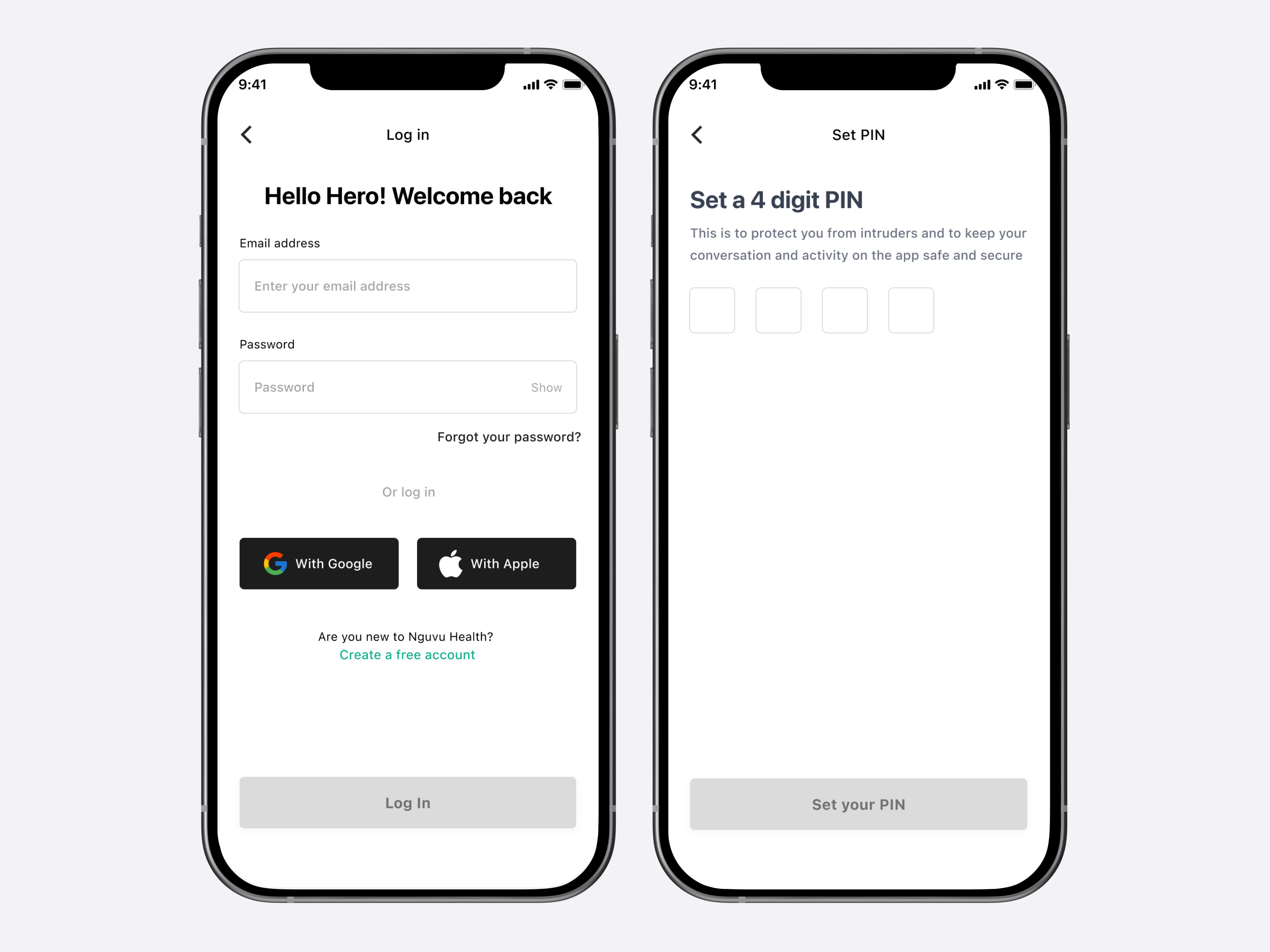 Login and PIN setup screens